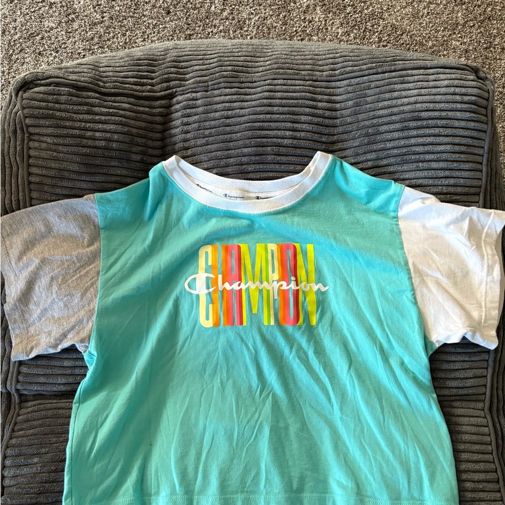 Champion Aqua and White Crop Top with Colorful Logo